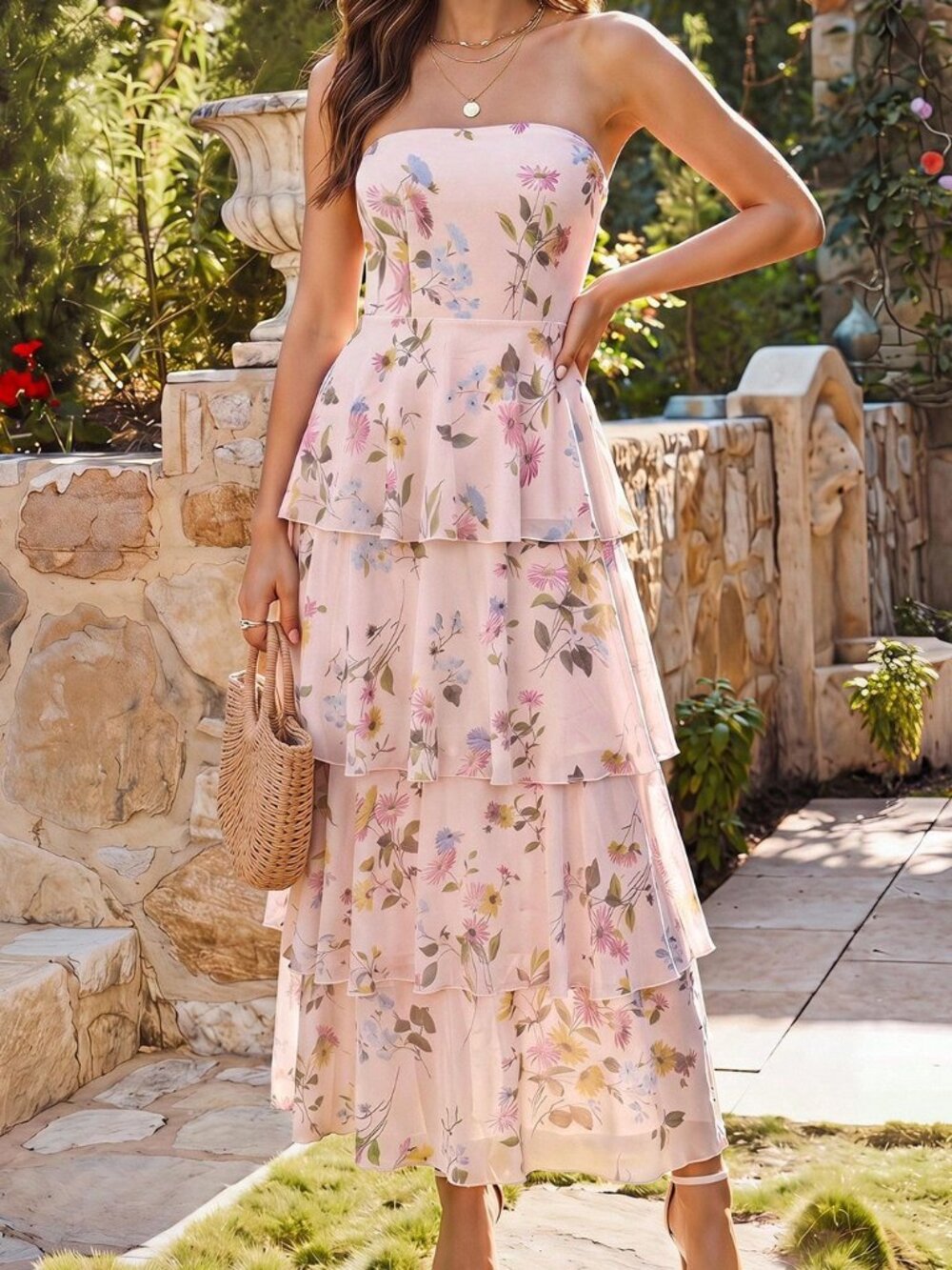 Dusty Pink Boho Floral Women's Strapless Chiffon Dress - Picture 7 of 10